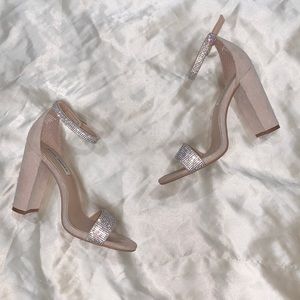 STEVE MADDEN Nude Block Heeled Sandals with Rhinestone Detail